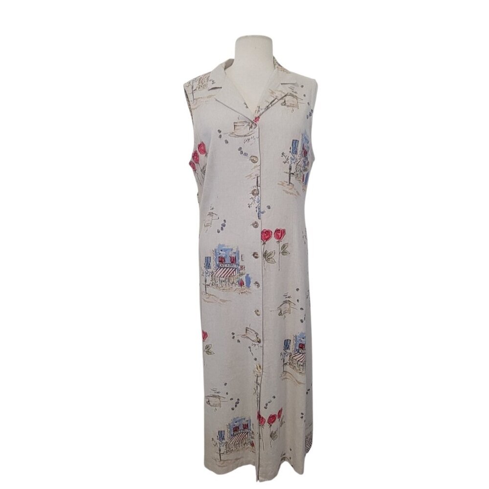 K Studio Vintage Linen Sleeveless Midi Dress Button Front Cottagecore Floral